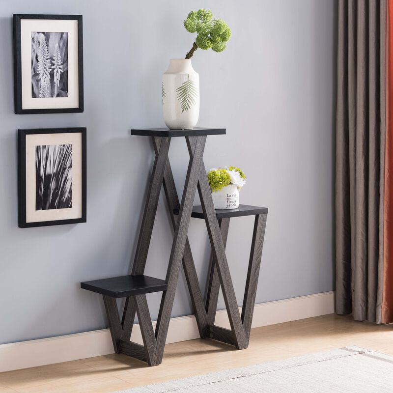 Distressed Grey & Black Plant Stand with 3 Multi Level Shelves
