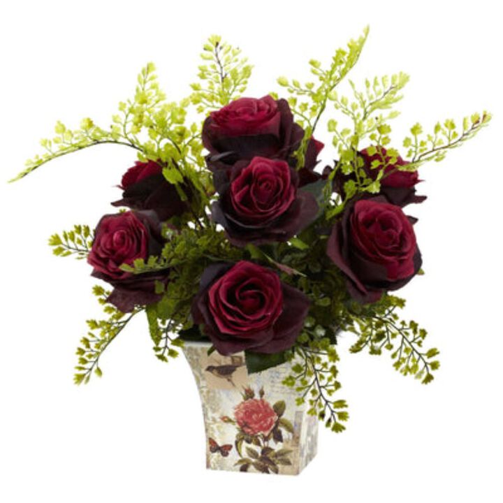 HomPlanti Rose & Maiden Hair w/Floral Planter - Burgundy