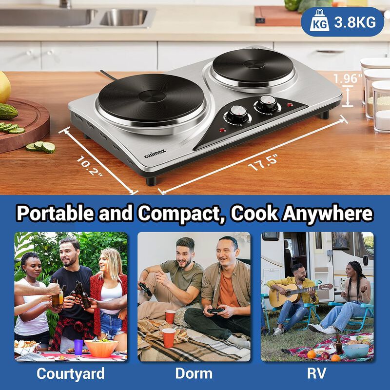Cusimax 1800W Electric Double Hot Plate, Countertop Cast Iron Burner, Temperature Controls, Power Indicator Lights image number 3