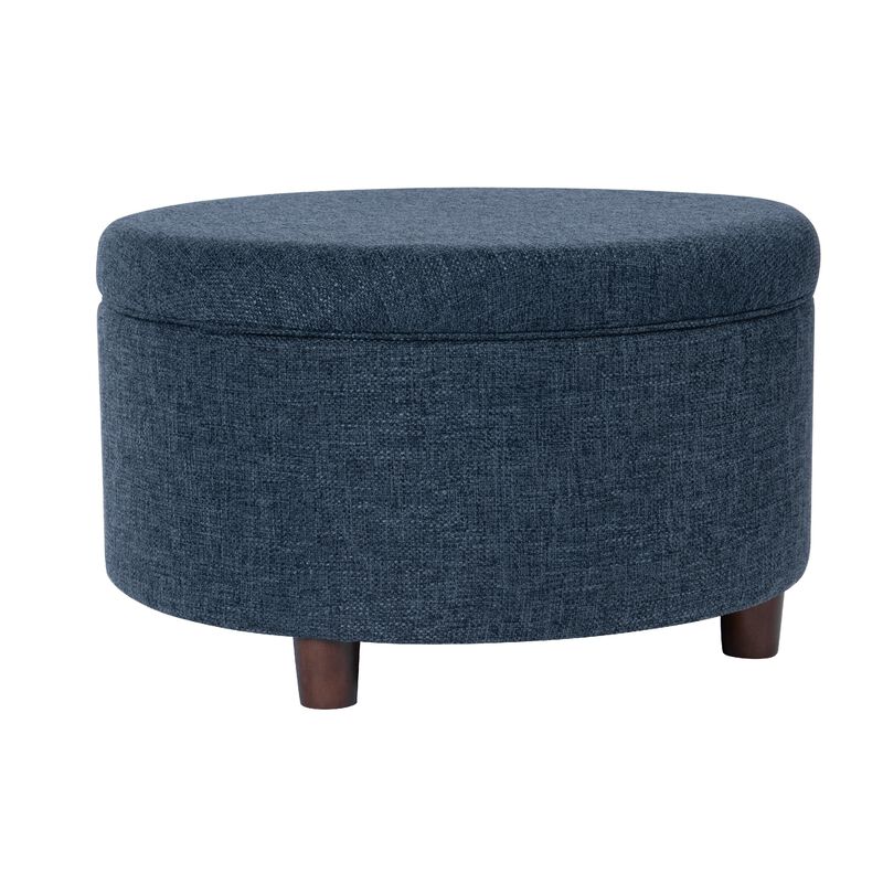 Modern Storage Ottoman, 28 Inch Round Lift Top, Navy Blue Woven Fabric - Benzara