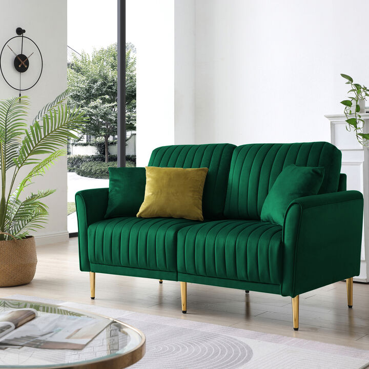 2-Seater Sofa Couch With Channel Tufted on Back and Seat Cushions, Two Throw Pillows, Velvet Green