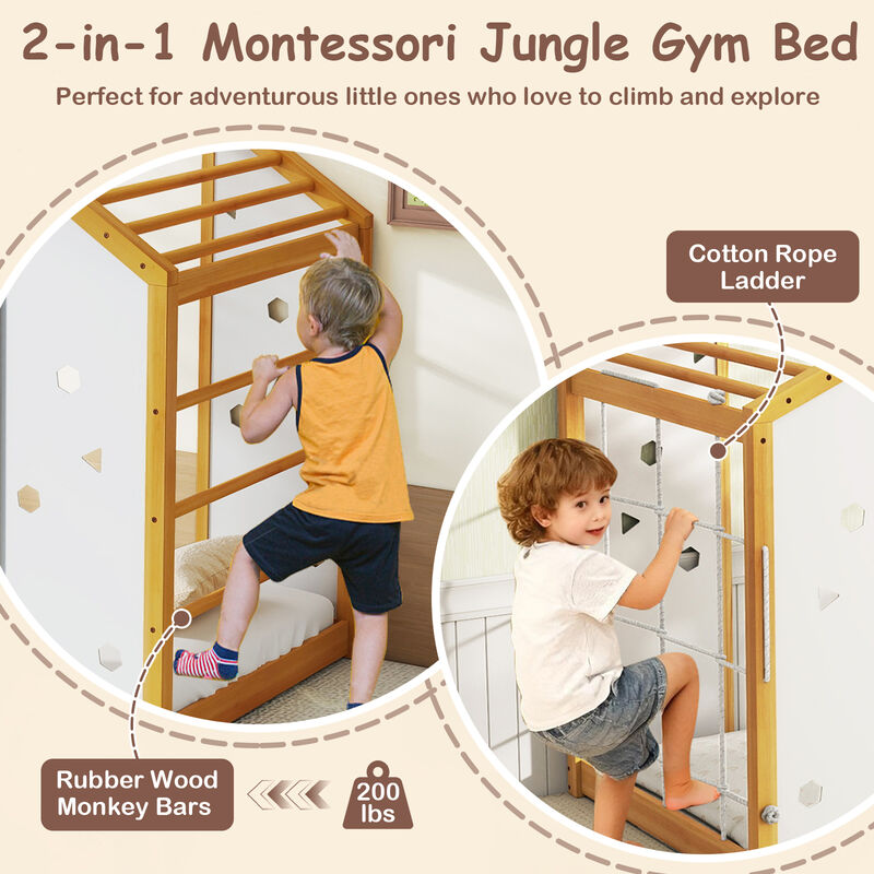 2-in-1 Twin Floor Bed with Monkey Bars &ndash; Montessori Climbing Bed, Natural & White image number 6