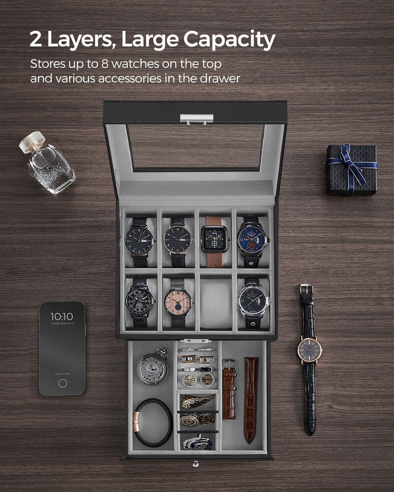 Lockable 8-Slot Watch Box &ndash; Jewelry Display Case for Men with Keys