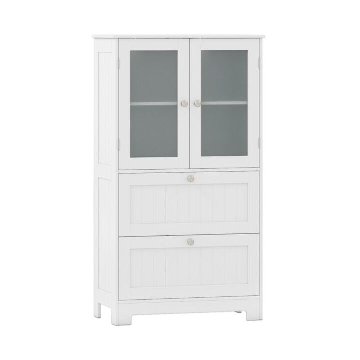 Hivvago Bathroom Floor Storage Cabinet Freestanding Cupboard Pantry with 2 Drawers and 2 Frosted Glass Doors