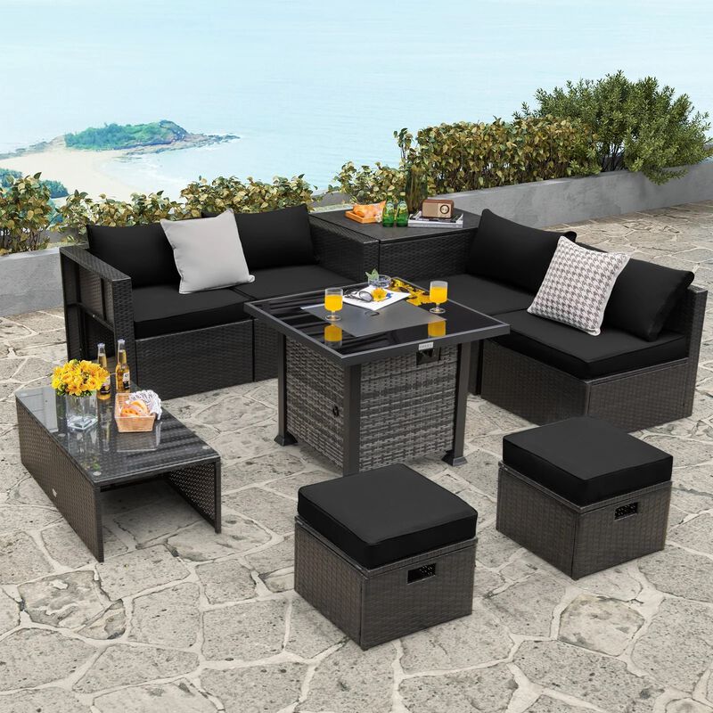Mondawe Outdoor 9 Pieces Patio Furniture Set with 50,000 BTU Propane Fire Pit Table