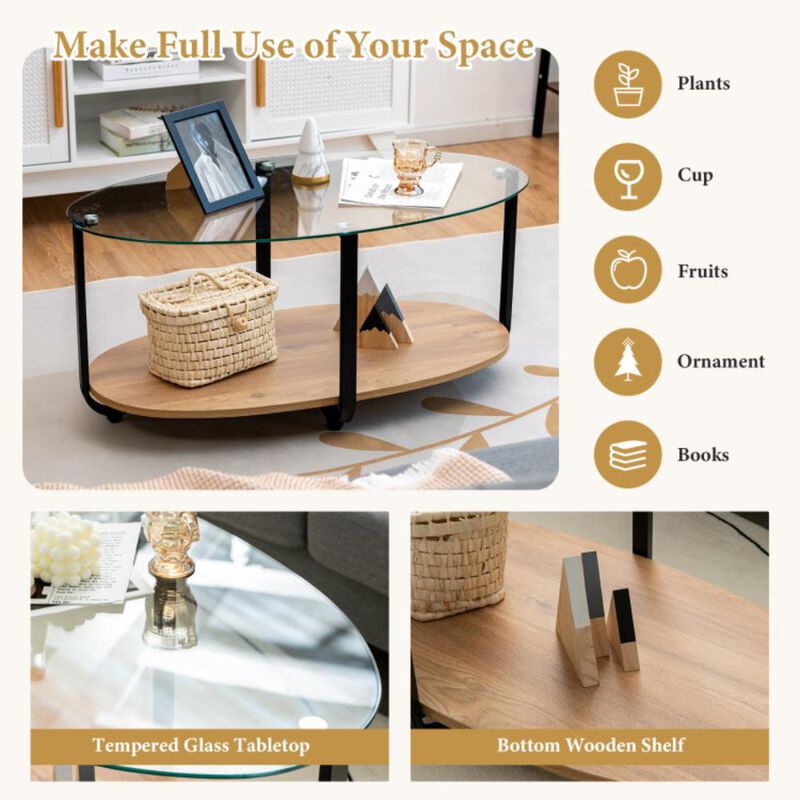 Hivvago 2-Tier Glass-Top Oval Coffee Table with Wooden Shelf for Living Room