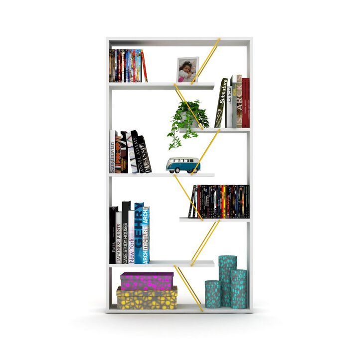 Furnish Home Store Wood Frame Etagere Open Back 6 Shelves Bookcase Industrial Bookshelf for Office and Living Rooms Modern Bookcases Large Bookshelf Organizer, White/Yellow