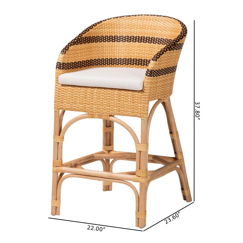 bali & pari Elma Rattan Counter Stool with Cushion - Barrel-Back Counter Chair with Synthetic Woven and Natural Rattan Frame, Boho Coastal Style Seating for Kitchen or Lounge