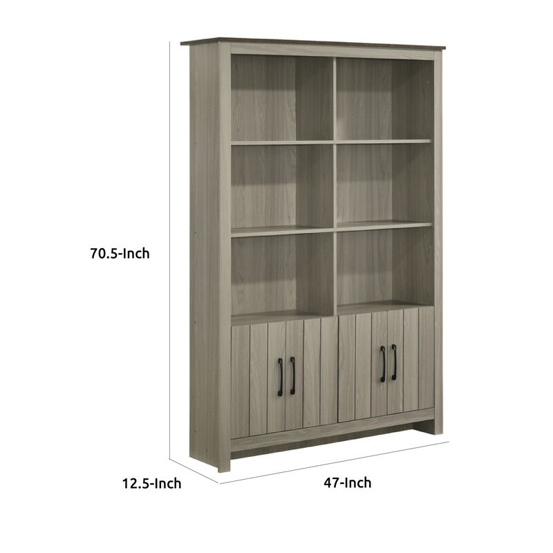 Nena Bookcase with 6 Shelves and 4 Cabinet Doors, Gray Wood 71 Inch - Benzara