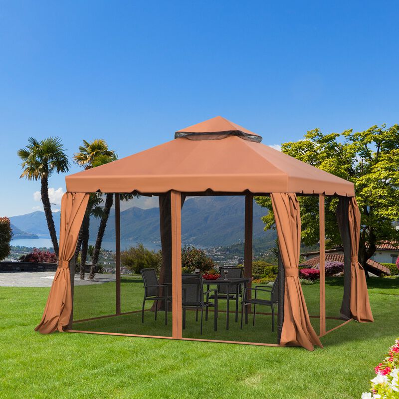 10' x 10' Patio Gazebo Outdoor Canopy Shelter with Double Vented Roof, Netting and Curtains for Garden, Lawn, Backyard and Deck, Brown image number 2