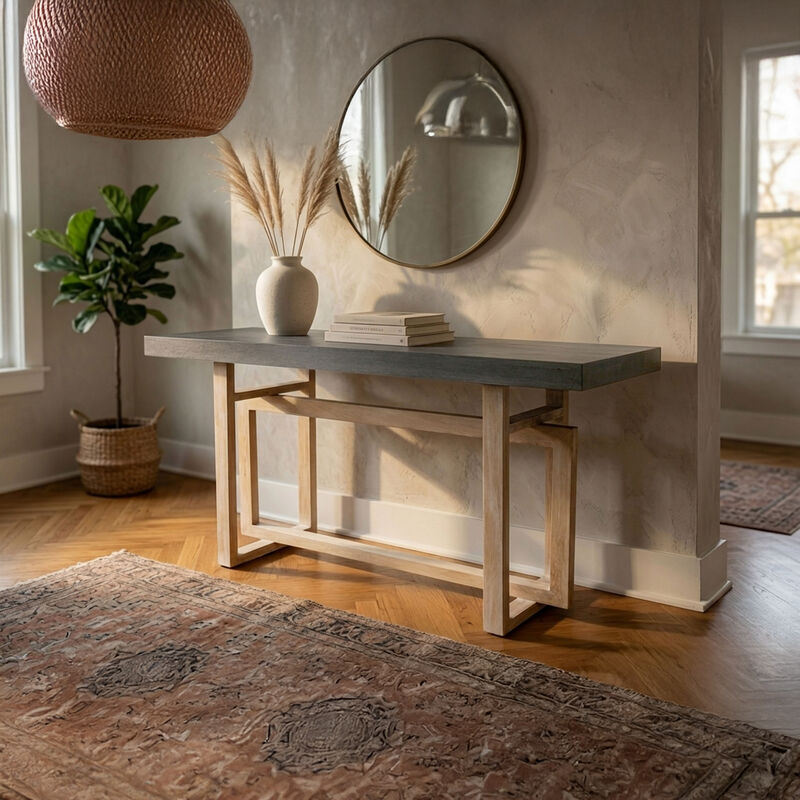 59 Inch Artisan Sideboard Console Table with Geometric Interlocked Base, Distressed Matte Gray image number 1