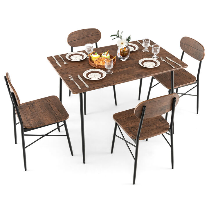 5 Piece Dining Table Set Rectangular with Backrest and Metal Legs for Breakfast Nook-Rustic Brown