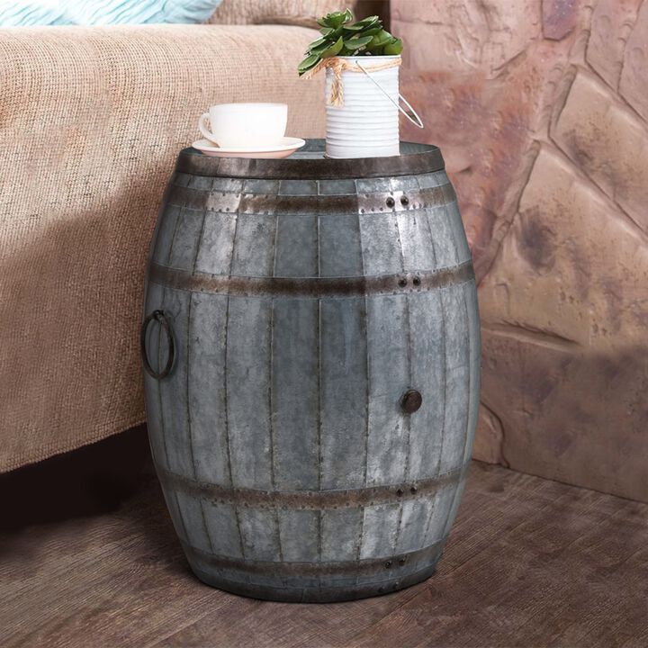 Benjara BM82436 Drum Shape Metal Wine Storage Table with Removable Lid Rustic Brown & Gray