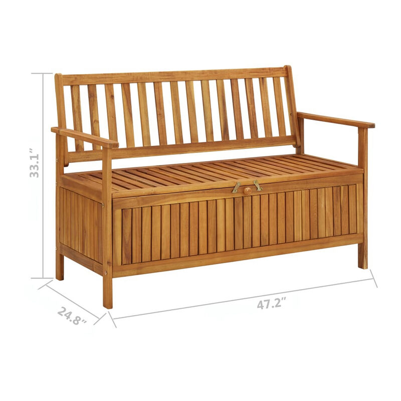 Outdoor Storage Bench, Slatted, 47 Inch Natural Brown Acacia Wood - Benzara