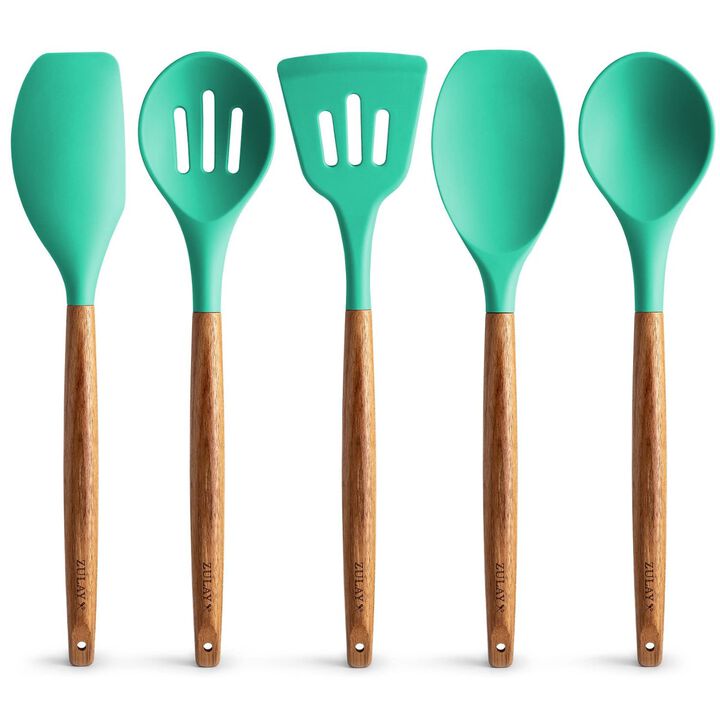 Non-Stick Silicone Cooking Utensils Set with Authentic Acacia Wood Handles - 5 Piece Silicone Utensil Set