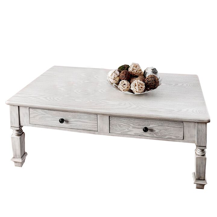 Transitional Wooden Coffee Table With Turned Legs and 2 Drawers, White-Benzara
