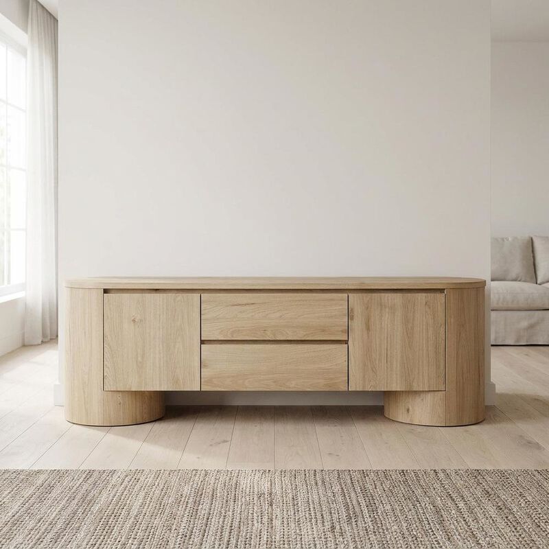 Oval Entertainment Center TV Console Cabinet with Storage and Drawers, Light Oak image number 3