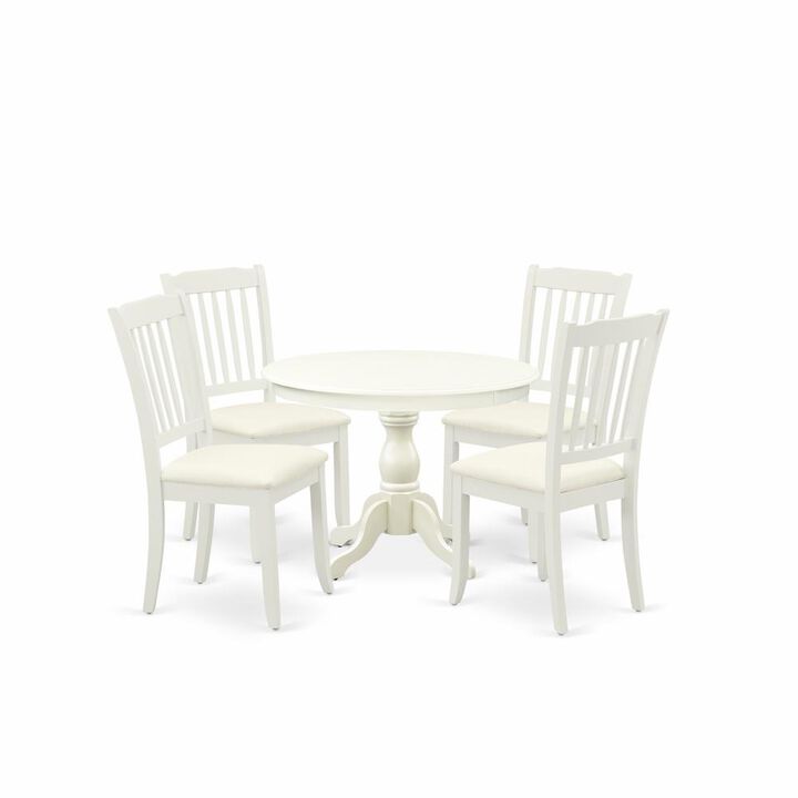 East West Furniture HBDA5-LWH-C 5 Piece Kitchen Set - Linen White Round Dining Table and 4 Linen White Dining Chairs with Slatted Back - Linen White Finish