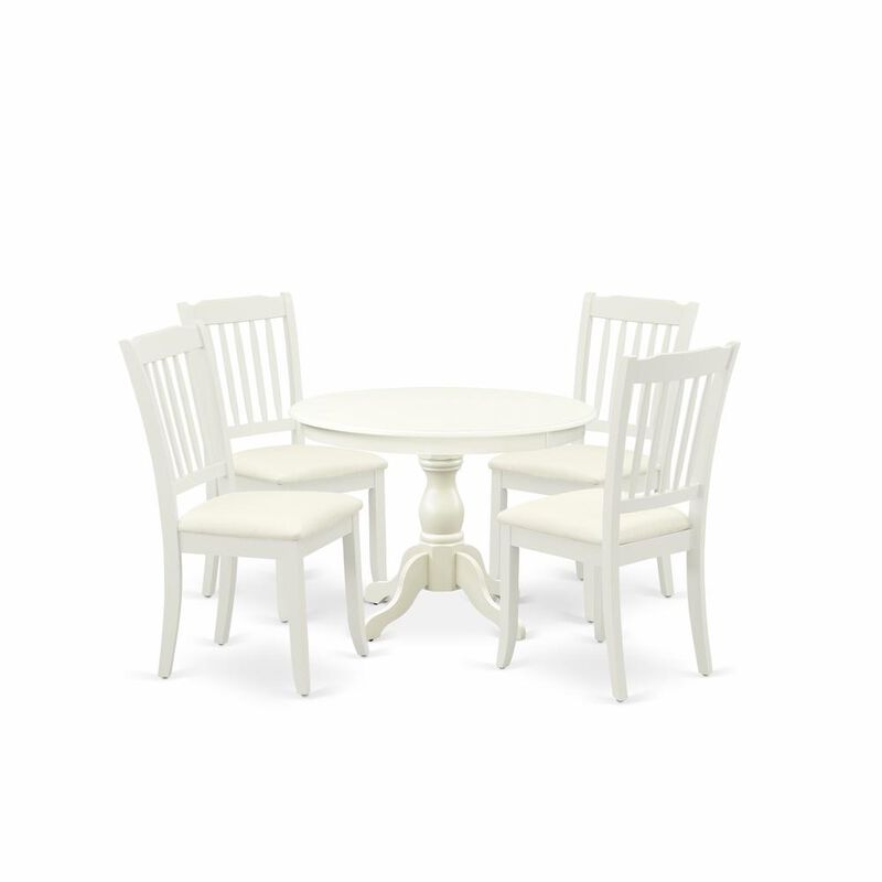 East West Furniture HBDA5-LWH-C 5 Piece Kitchen Set - Linen White Round Dining Table and 4 Linen White Dining Chairs with Slatted Back - Linen White Finish
