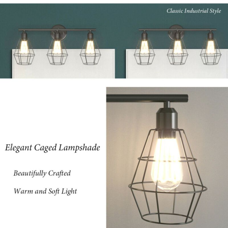 3-Light Industrial Bathroom Vanity Cage Light Vintage Wall Lamp