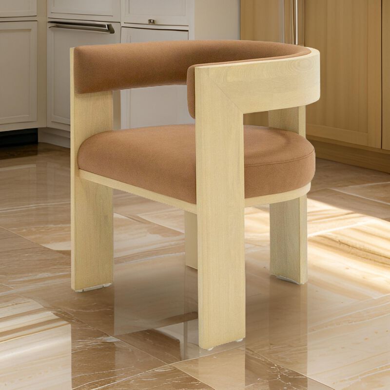 24 Inch Dining Chair, Curved Open Back, Cushioned, Natural Ash, Rust Fabric - Benzara