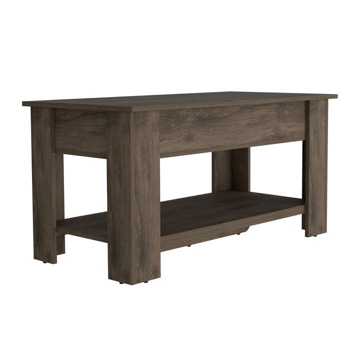 Austin Storage Table, One Extendable Table Shelf, Four Legs, Lower Shelf -Dark Brown