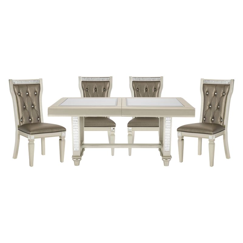 Glamorous Style Dining 5pc Set Champagne Finish Table w Leaf Glass Insert Top Upholstered Tufted 4x Side Chairs Traditional Dining Room Furniture