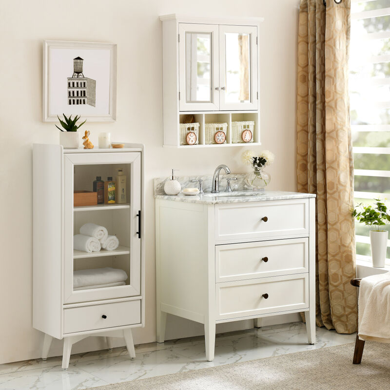 Streamdale White Wood Wall Cabinet with Mirrored Doors & Storage Baskets