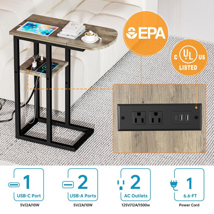 eiskah C Table End Table with Charging Station, Couch C Shaped Side Table for Living Room, Bedroom, Laptop Table with USB Ports