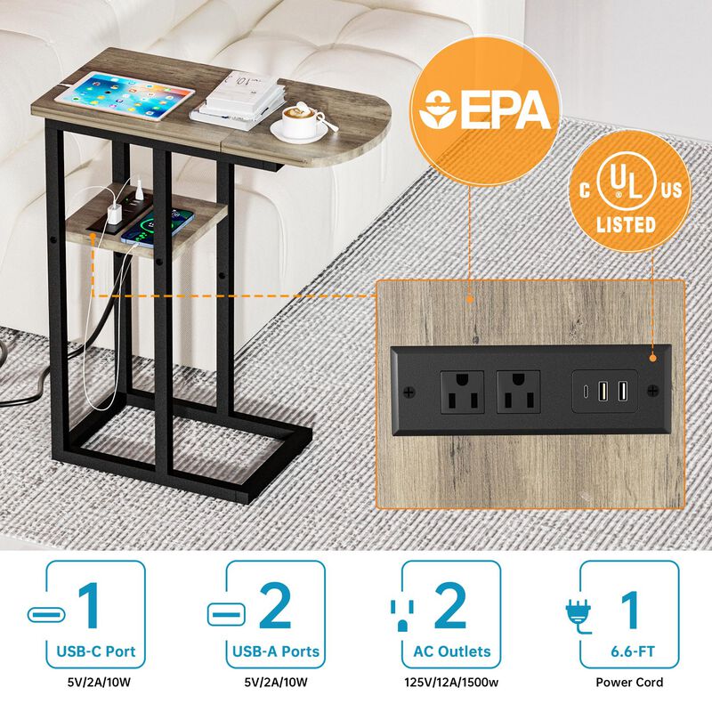 eiskah C Table End Table with Charging Station, Couch C Shaped Side Table for Living Room, Bedroom, Laptop Table with USB Ports