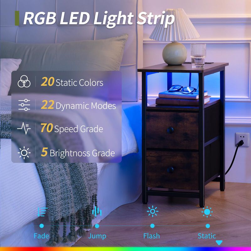 Yoobure End Table with Charging Station, Narrow Side Table LED Small Night Stand, Skinny Nightstand with Fabric Drawers, Bedside