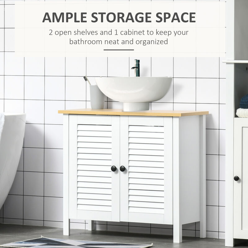 Undersink Restroom 2-Tier Anti-Slip Storage Basin w/ Sink Pipe Slot, White
