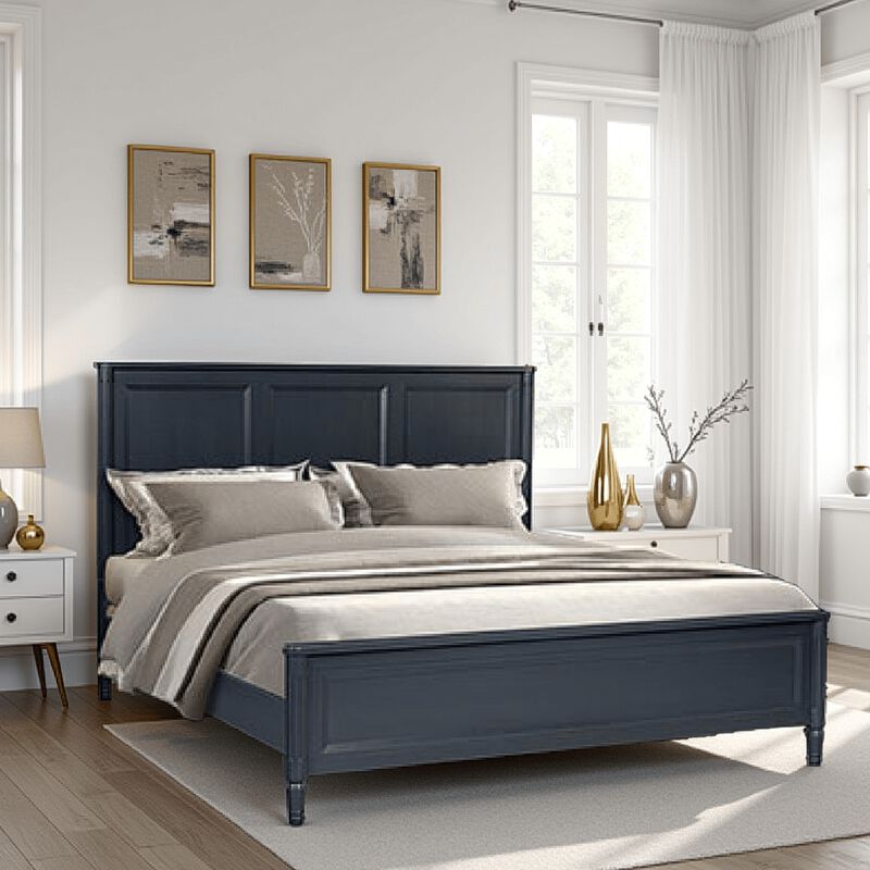 Alta Queen Size Bed, Classic French Design, Malta Blue Solid Wood