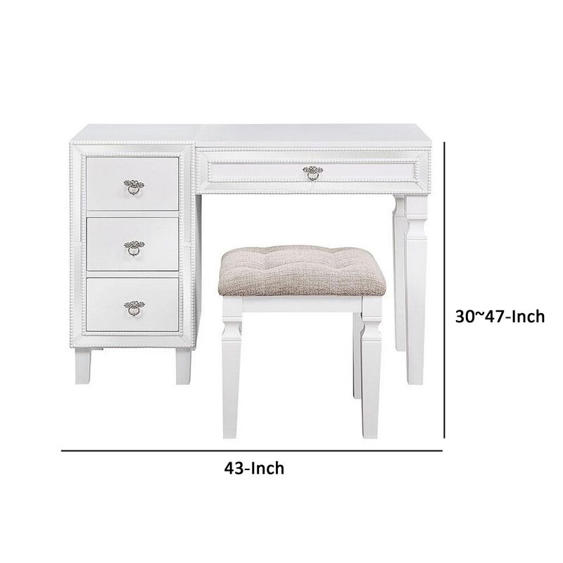 Sosi 47 Inch Vanity Desk Set with Stool, 3 Mirror Inlaid Drawers, White-Benzara