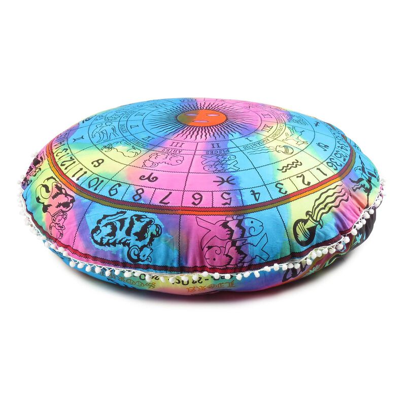 HomeRoots 32" Blue And Pink Floor Round Horoscope Throw Pillow Cover with Pompoms image number 2