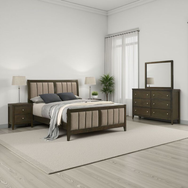 Wily 4pc Full Size Bedroom Set, Dresser Mirror, Dark Brown Upholstery - Benzara image number 5