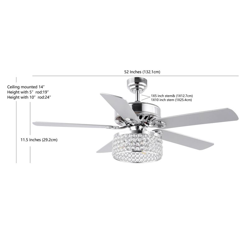Kristie 52" 3-Light Crystal/Metal Modern Glam Drum LED Ceiling Fan With Remote, Chrome