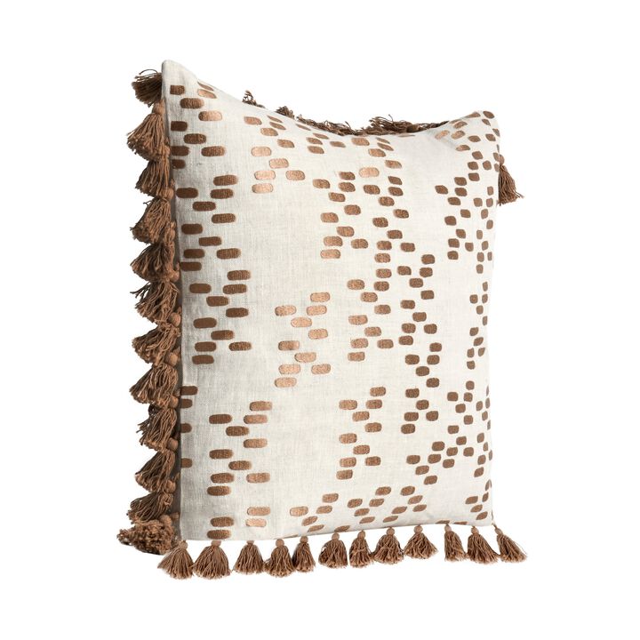 Throw Pillow, Ornate Side Tassels, Feather 22 Inch Brown Flax Linen - Benzara