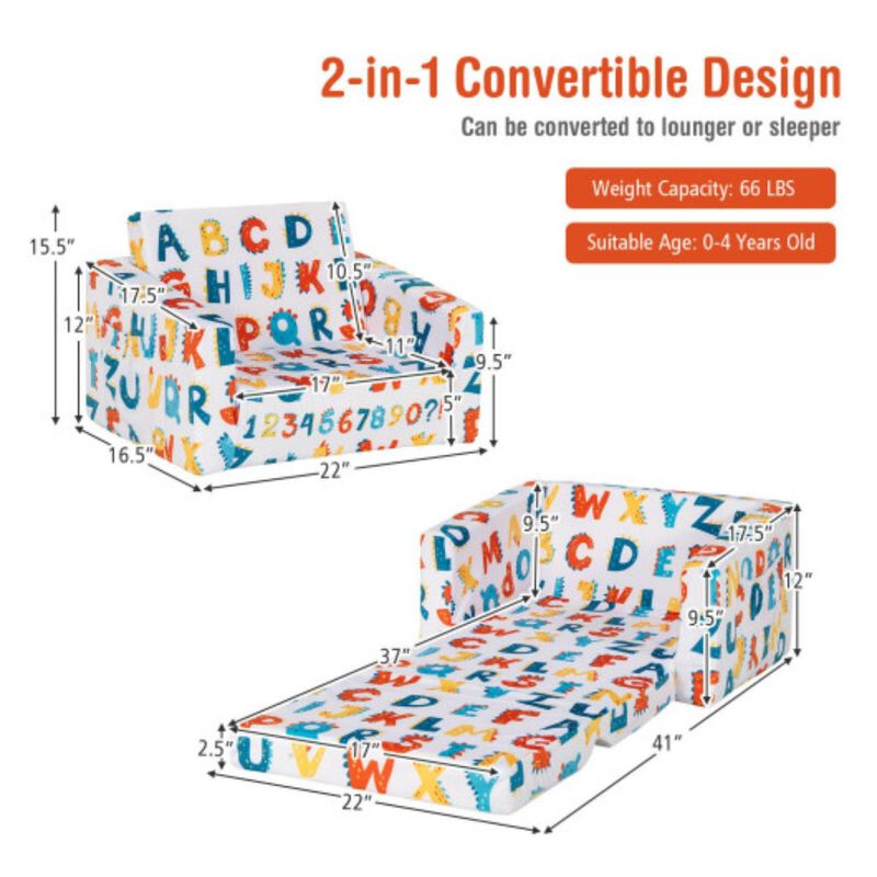 2-in-1 Convertible Kids Sofa with Velvet Fabric - Multi Color