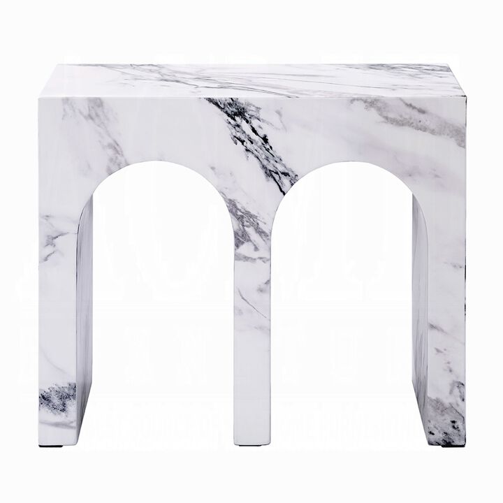 Ritzy Side End Table, White Faux Stone, Modern Arch Design 22 Inch