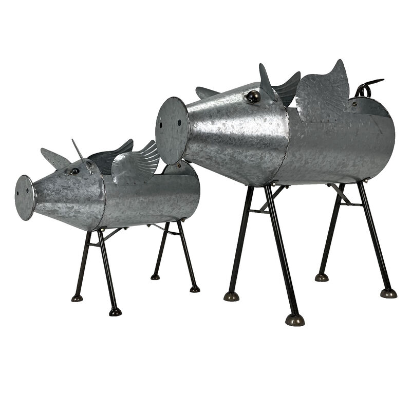 Set of 2 Flying Pig Planters - Distressed Metal - Whimsical Farmhouse Decor image number 2