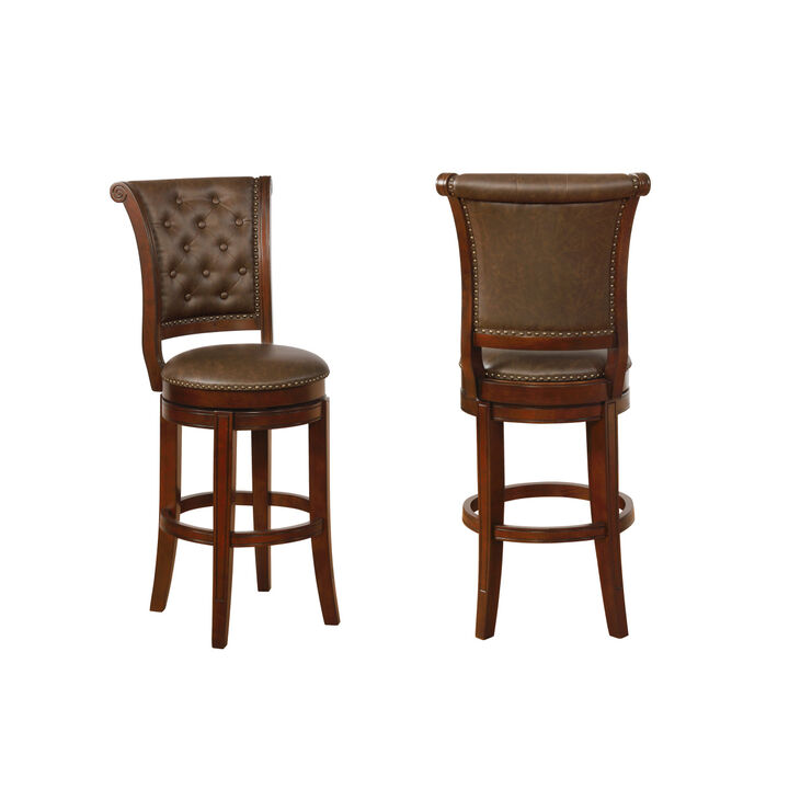 2Pc Beautiful Traditional Upholstered Swivel Barstool with Button Tufting Faux Leather Upholstery Padded Back Kitchen Dining Brown Espresso
