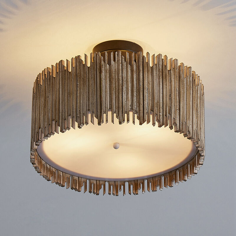 15.5" 3-Light Distressed White Wood Drum Semi Flush Mount Ceiling Light