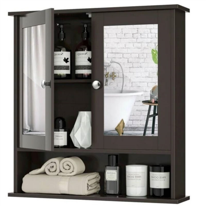 Wooden Bathroom Medicine Cabinet with Mirrored Doors and Storage Shelf