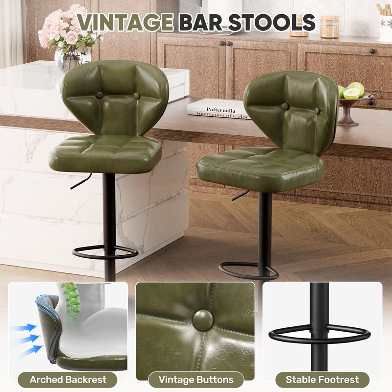 PU Leather Swivel Bar Stools Set of 2, Modern Hydraulic Adjustable Counter Height Stools, Steady Water Resistant Iron Frame 360&deg; Kitchen Island Chairs image number 2