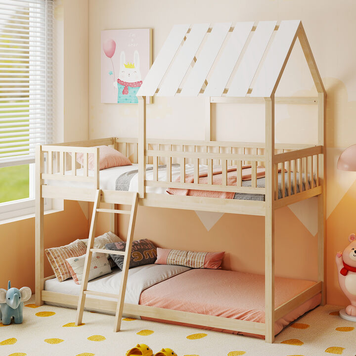 Kids Twin Over Twin House Bunk Bed with Roof & Safety Guardrails-Natural