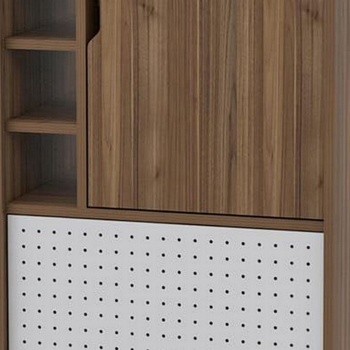 Nio 46 Inch Freestanding Bar Cabinet, Perforated Metal Door, Mahogany Brown-Benzara