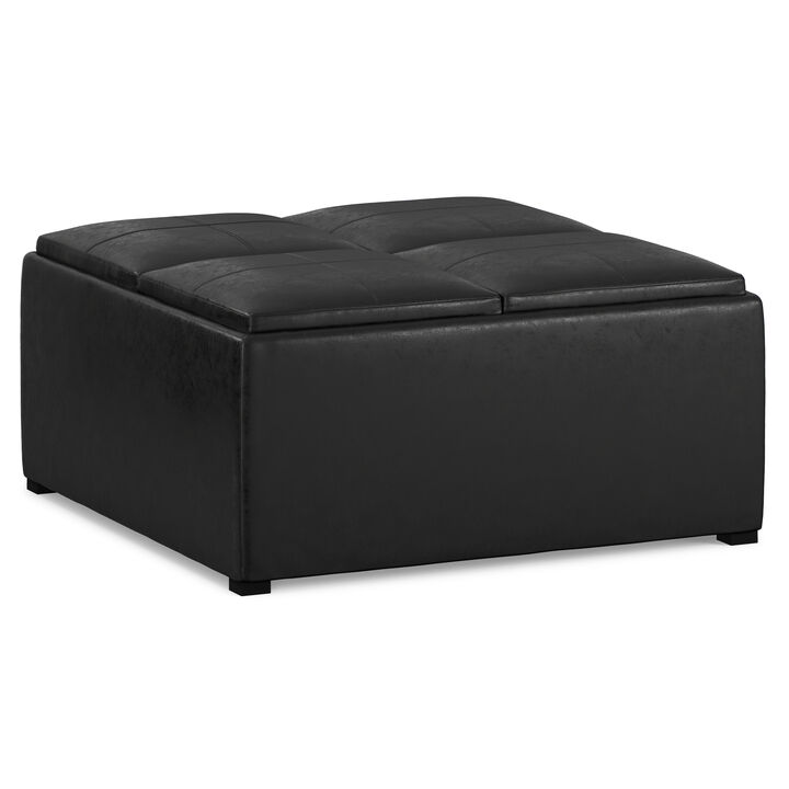 Simpli Home Coffee Table Storage Ottoman In Distressed Black Vegan Faux Leather