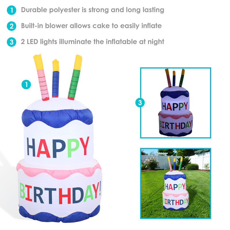 Sunnydaze Birthday Cake LED Inflatable Yard Decoration - 4 ft