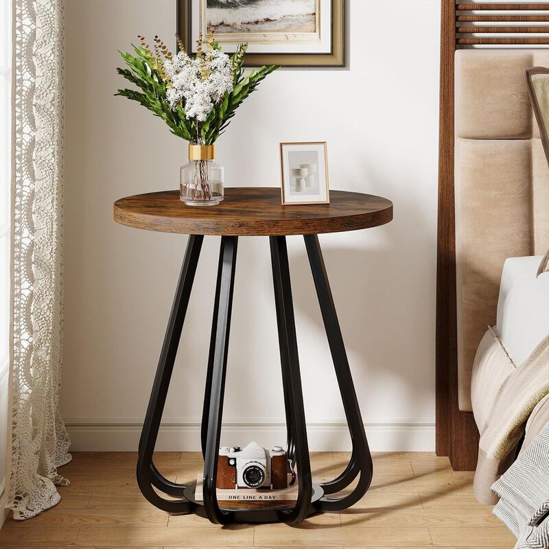 2-Tier Small Side Table, Sofa End Table with Metal Frame for Small Spaces-Vintage Brown image number 4